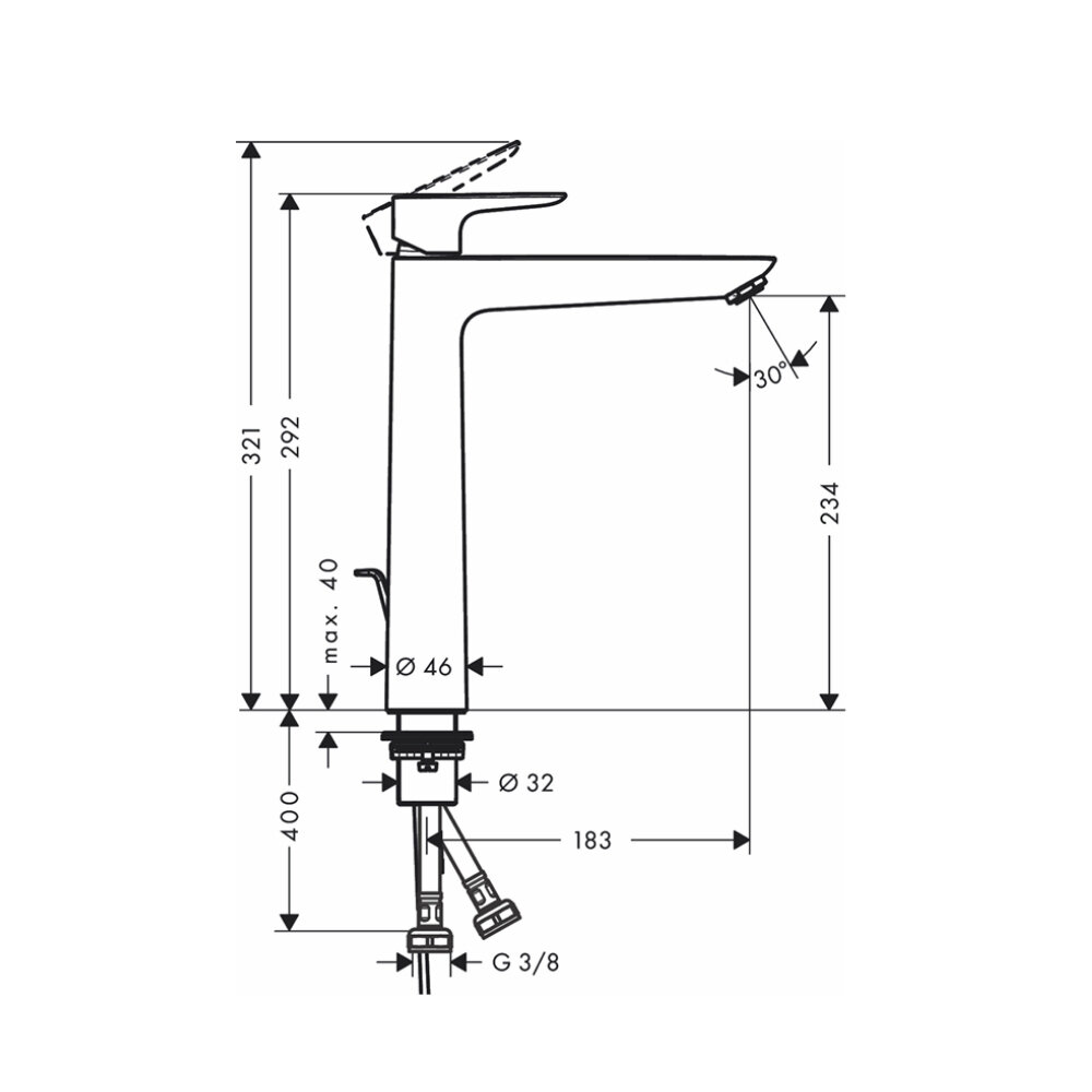 Bản vẽ kỹ thuật của vòi chậu lavabo nóng lạnh Talis E 210 Hansgrohe 71716000