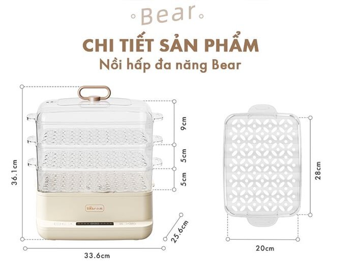 Kích thước của nồi hấp đa năng Kích thước của nồi hấp đa năng