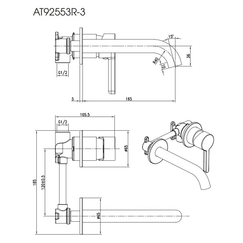 Bản vẽ kỹ thuật vòi chậu nóng lạnh gắn tường ATMOR AT92553R-3