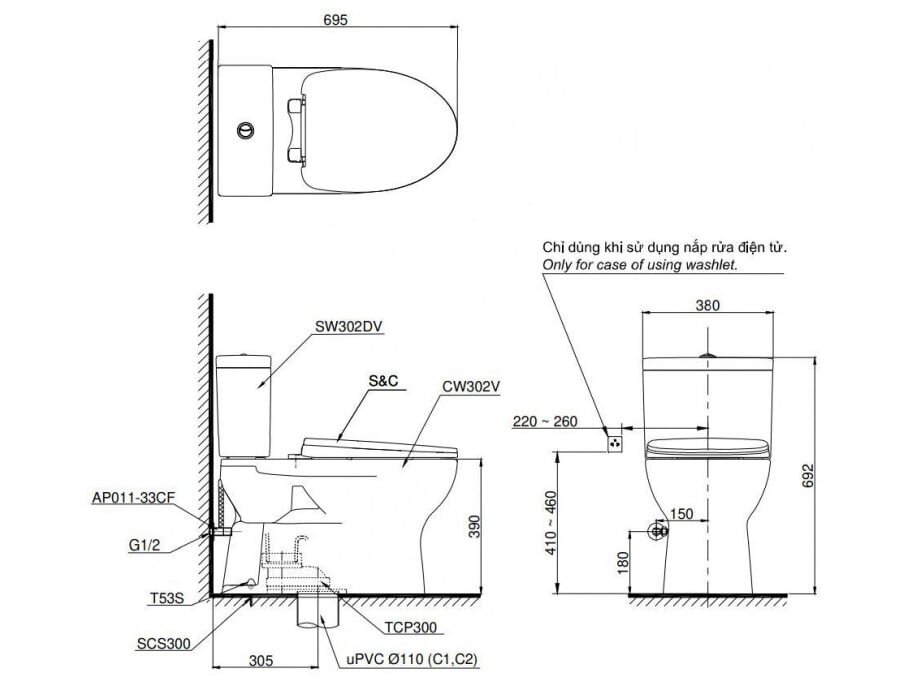 Kích thước Toto CS302DT3  Toto CS302DT3