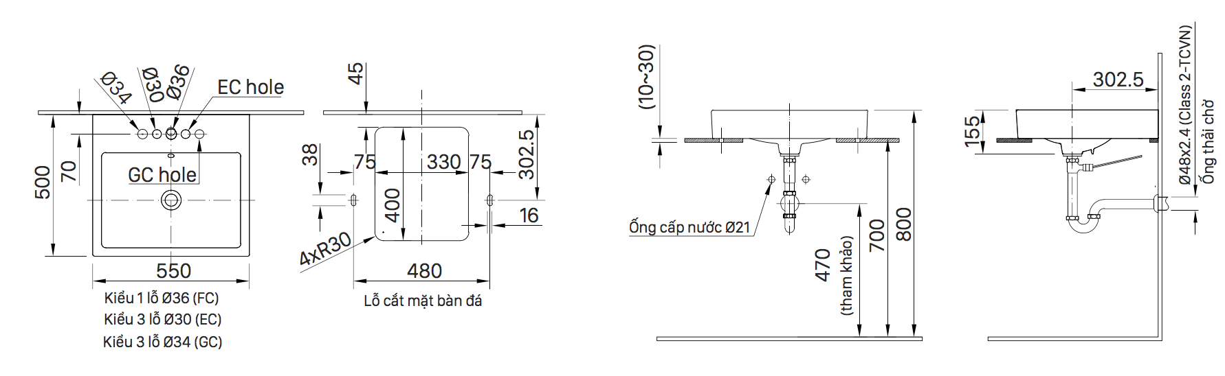 Bản vẽ kỹ thuật của chậu Lavabo INAX AL-536VGC