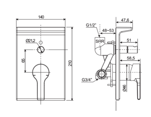 Bản vẽ kỹ thuật sen tắm âm tường American Standard Active WF-3921