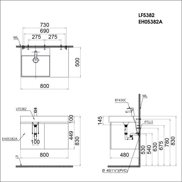Bản vẽ Tủ lavabo treo tường Caesar LF5382+EH05382(AV/DWV)