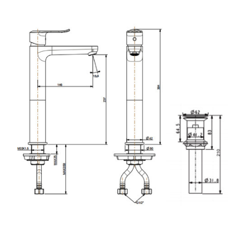 Bản vẽ kỹ thuật vòi lavabo nóng lạnh American Standard cổ cao WF-0703