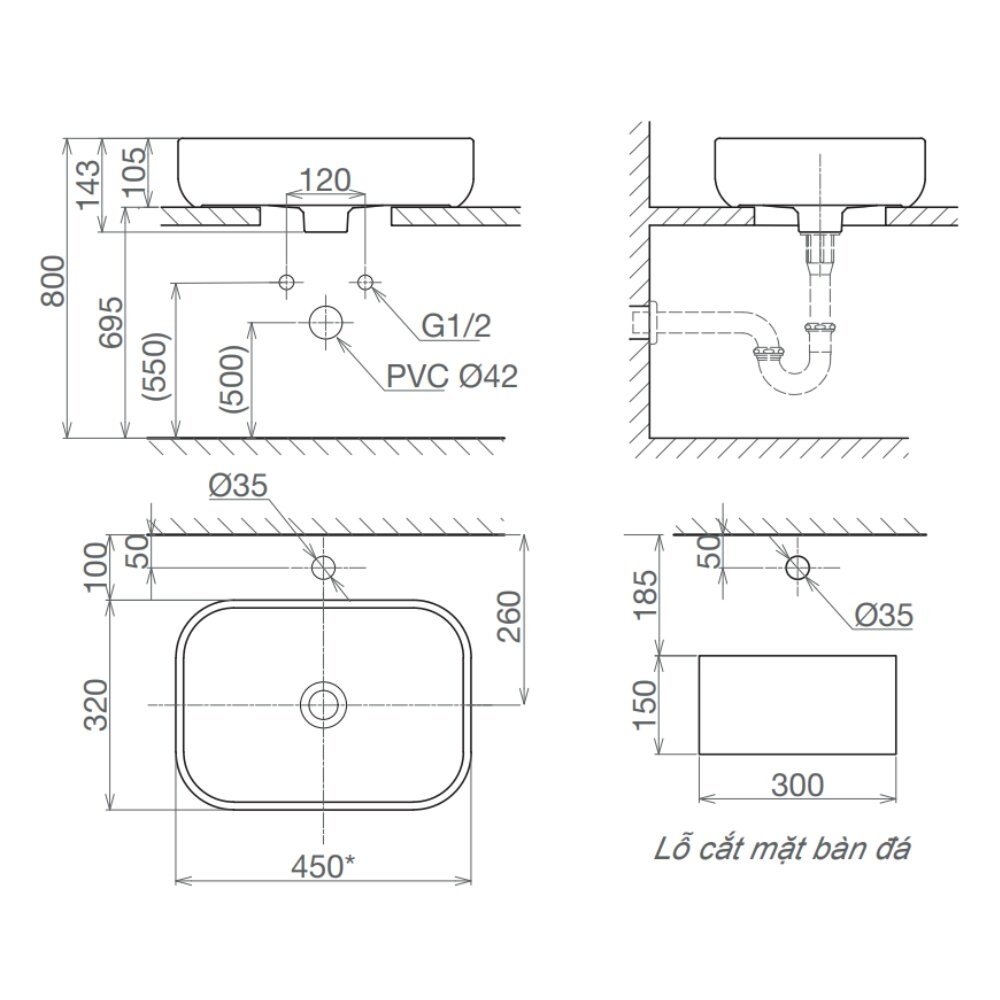 Bản vẽ kỹ thuật chậu lavabo đặt bàn Viglacera V25