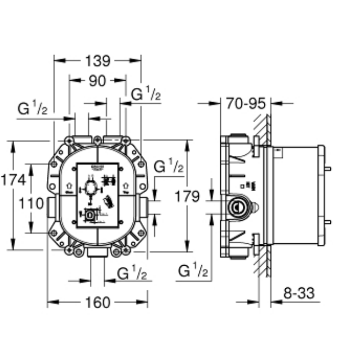 Bản vẽ kỹ thuật bộ âm ổn nhiệt GROHE SmartBox Universal 35500000 gắn tường