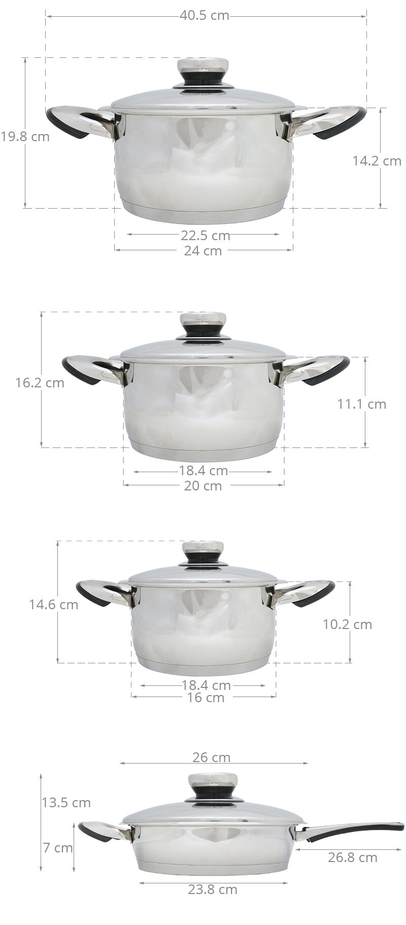 Bộ 4 nồi chảo inox 3 đáy Happycook Le Morgan HC-08LMG Bộ 4 nồi chảo inox 3 đáy Happycook Le Morgan HC-08LMG
