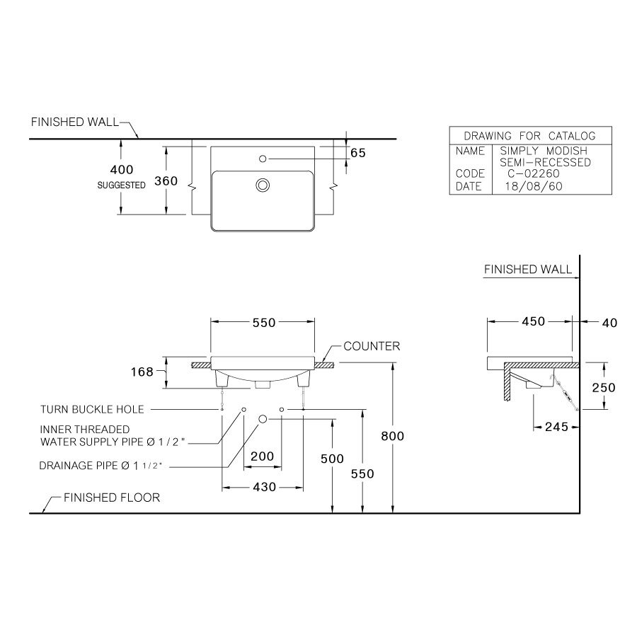 Bản vẽ kỹ thuật chậu rửa lavabo COTTO bán âm bàn C022607