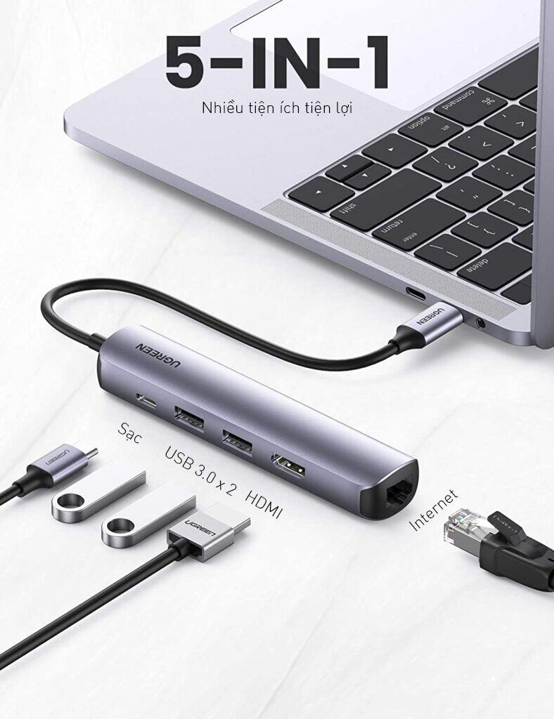Bộ chuyển đổi từ Type C sang HDMI, USB 3.0, Lan Gigabit và PD 100W UGREEN 10919