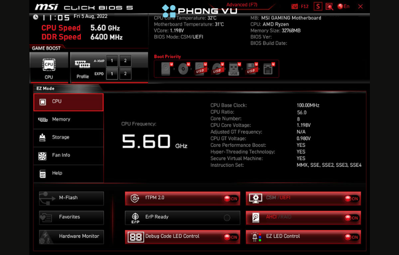 Giao diện BIOS MSI Click BIOS 5, hỗ trợ điều chỉnh thông số dễ dàng