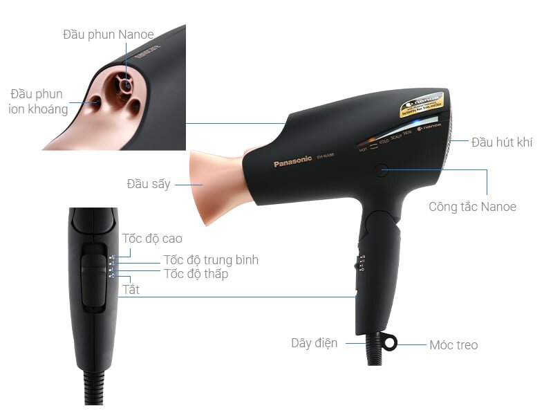 Cấu tạo và kích thước của máy sấy tóc Panasonic EH-NA98-K645