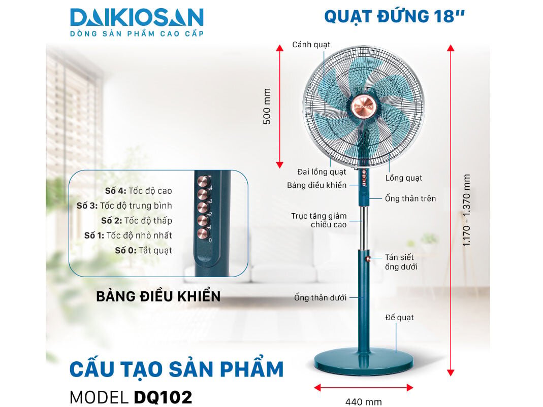 Quạt đứng Daikiosan chỉnh được độ cao Quạt đứng Daikiosan