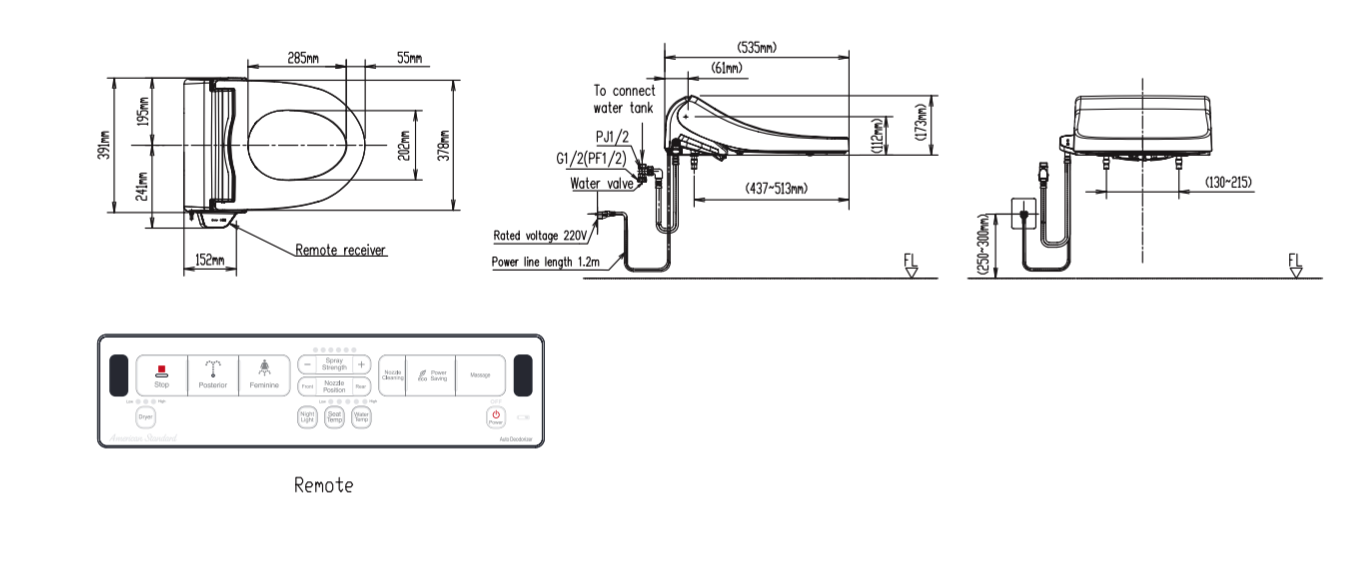 Bản vẽ kỹ thuật bồn cầu nắp điện tử American Standard WP-7SR1