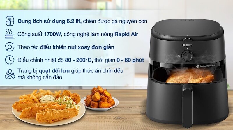 Nồi chiên Philips NA130/00 sở hữu dung tích lên tới 6.2 lít,