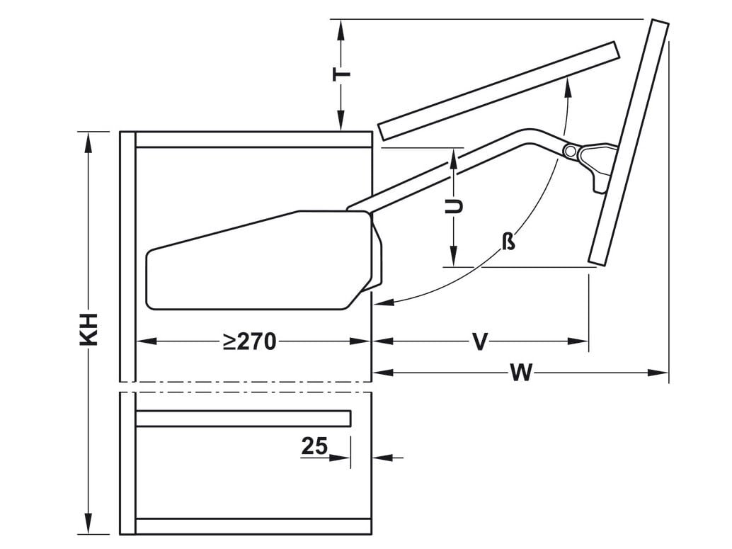 Kích thước tay nâng Hafele 493.05.900 Tay nâng Hafele 493.05.900