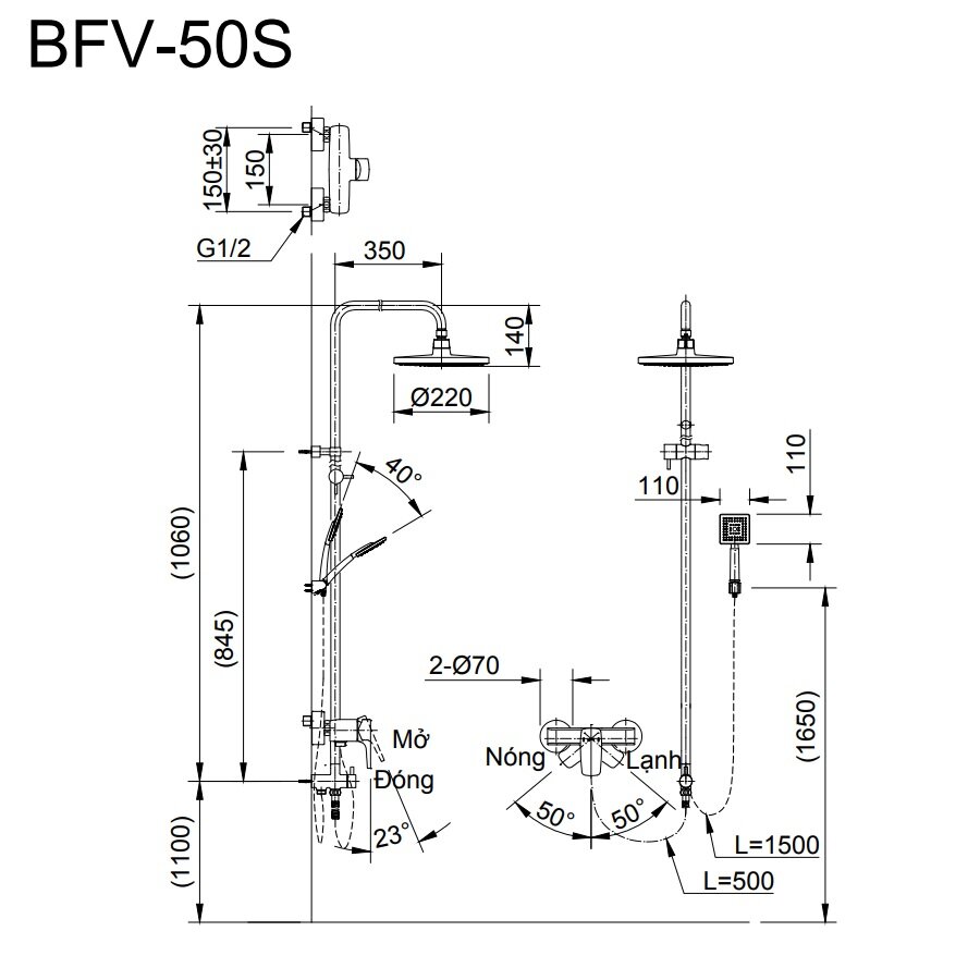 Bản vẽ kỹ thuật vòi sen cây tắm đứng nóng lạnh INAX BFV-50S