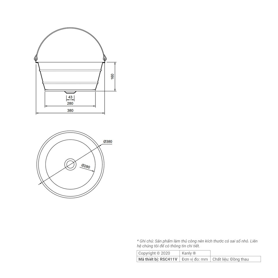 Chậu rửa lavabo bằng đồng Kanly RSC411V/12V 