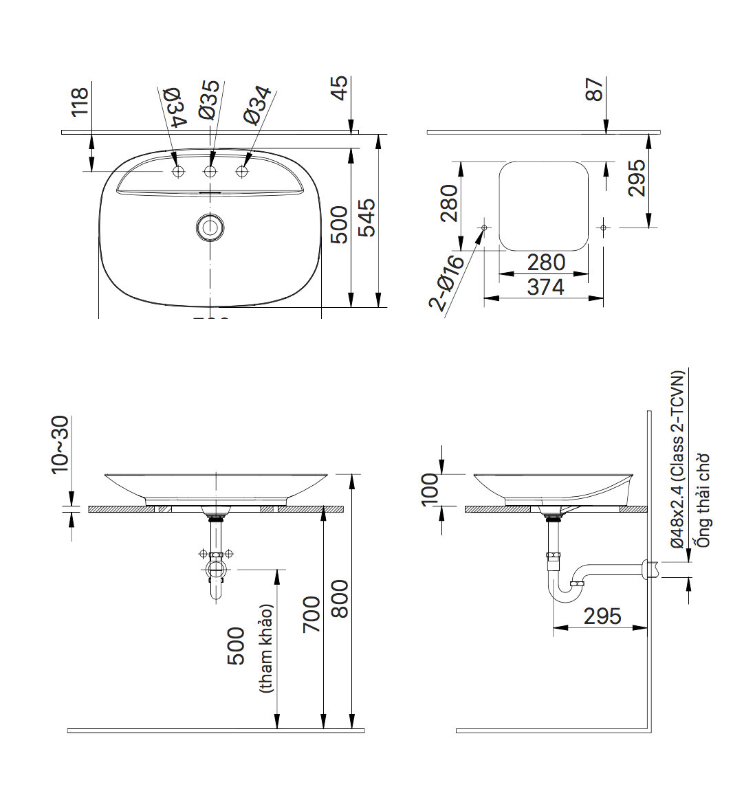 Bản vẽ kỹ thuật chậu lavabo INAX đặt bàn AL-S640V