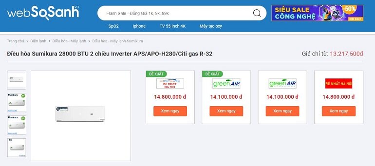 Giá điều hoà Sumikura 28000BTU 2 chiều Inverter APS/AP0 - H280/Citi gas R32
