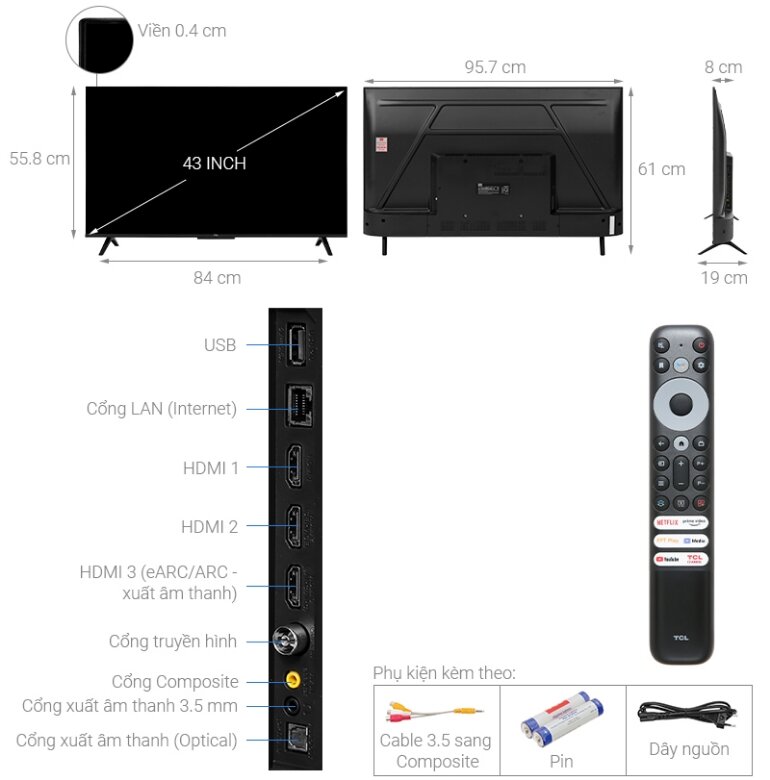 Google tivi TCL 4k 43 inch 43p635 thiết kế