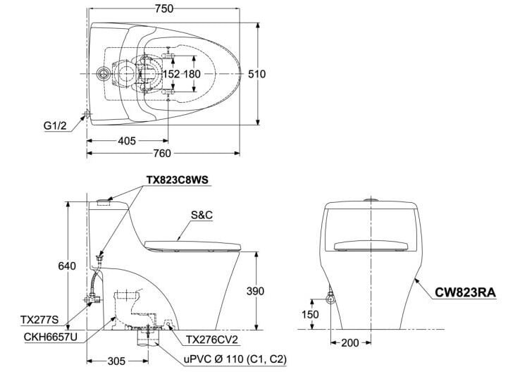 Bản vẽ kích thước Bồn cầu 1 khối Toto CW823RAT8 Toto CW823RAT8