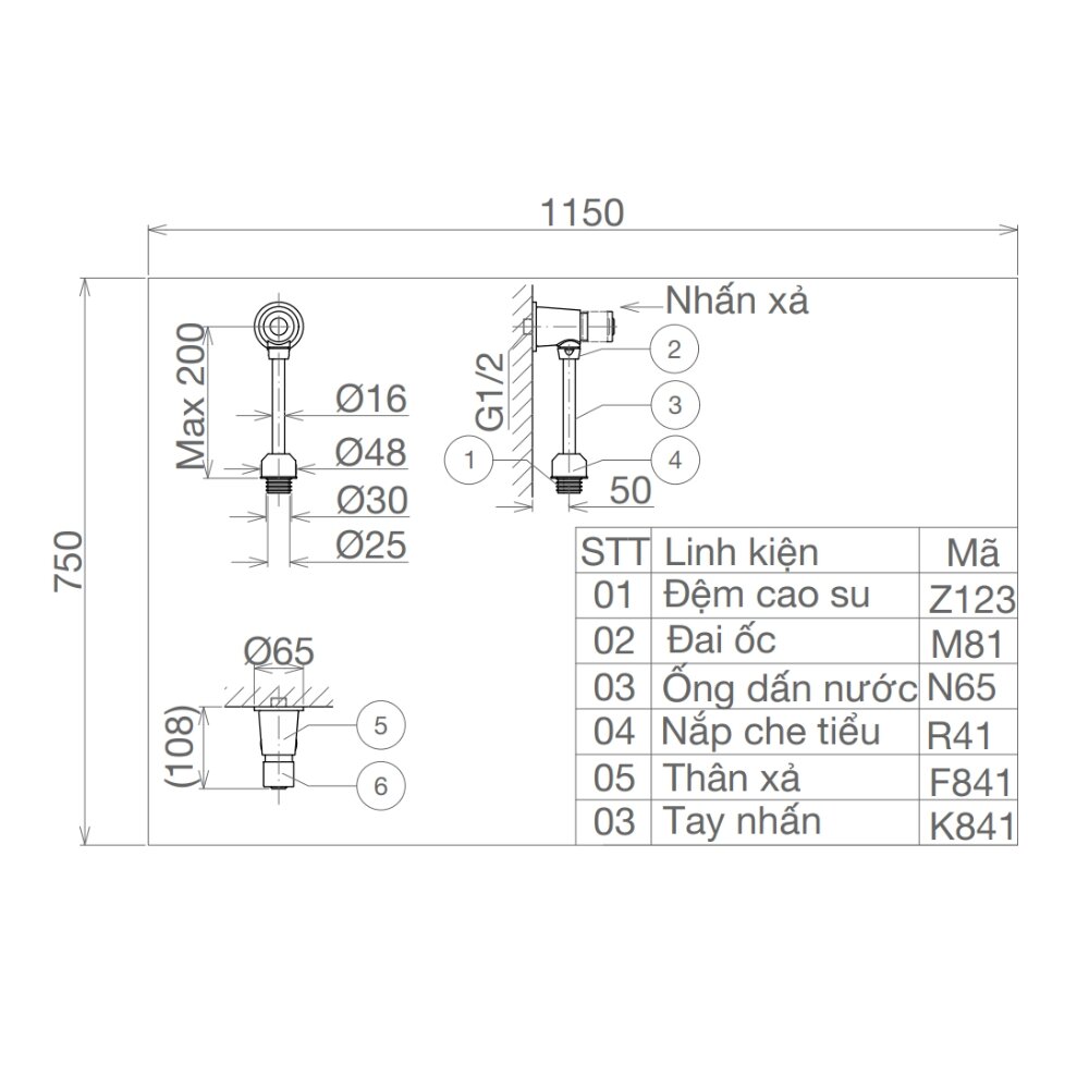 Bản vẽ kỹ thuật van xả tiểu nhấn Viglacera VG841 (ống thẳng)