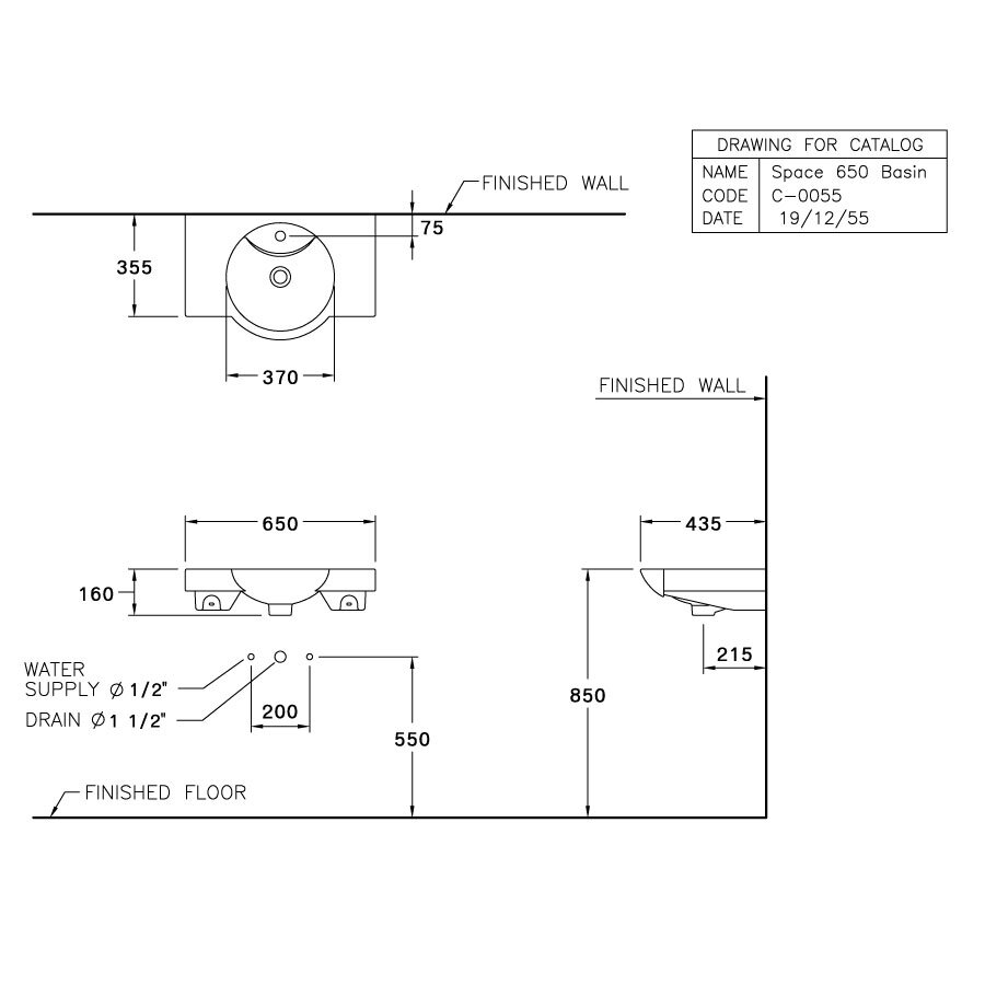 Bản vẽ kỹ thuật chậu rửa mặt lavabo COTTO treo tường C0055
