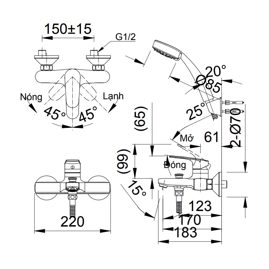 Bản vẽ kỹ thuật bộ vòi sen tắm INAX nóng lạnh BFV-2003S