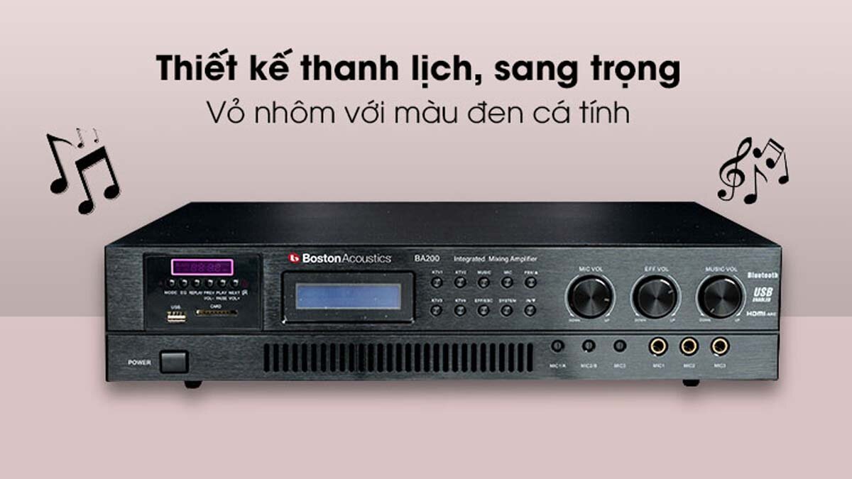 Amply Boston Acoustics BA200 có thiết kế sang trọng, chất liệu bền bỉ