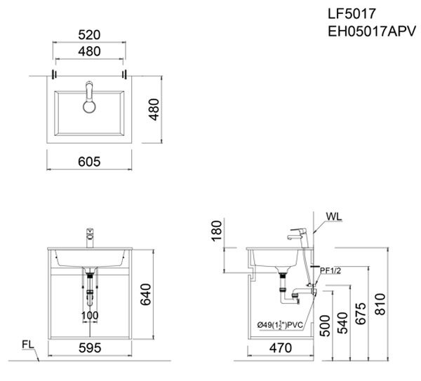 Bản vẽ kỹ thuật bộ tủ chậu rửa mặt CAESAR LF5017+EH05017APV