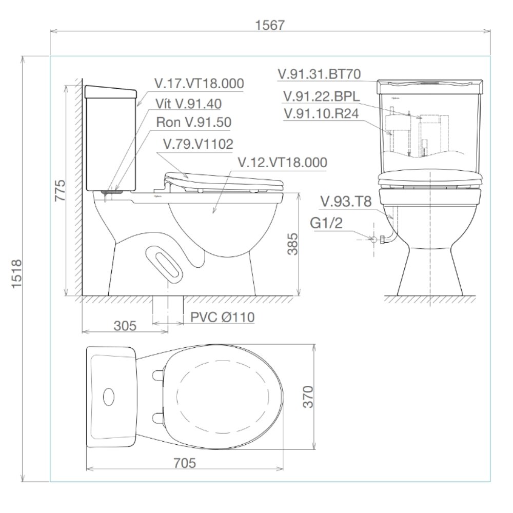 Bản vẽ kỹ thuật bồn cầu 2 khối Viglacera VT18M nắp thường / nắp êm