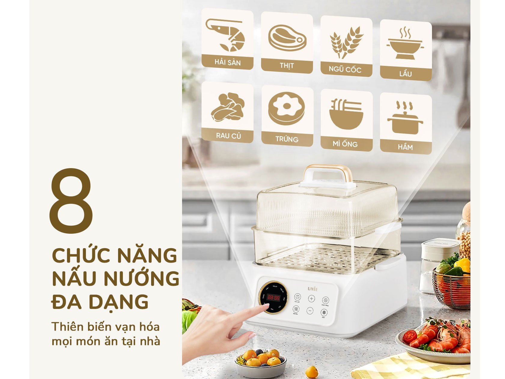 Nồi lẩu hấp đa năng UNIE UE668 được trang bị 8 chức năng tự động