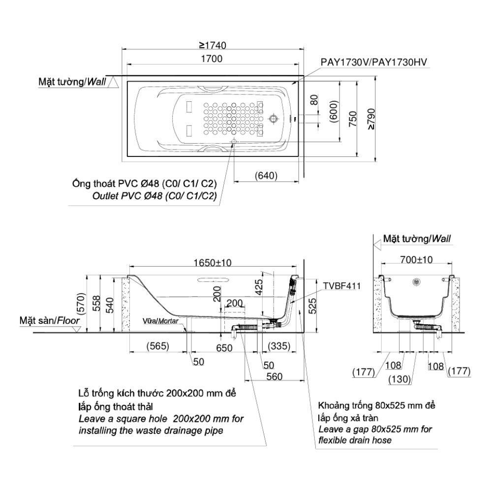 Bản vẽ kỹ thuật của bồn tắm TOTO PAY1730HV/TBVF411