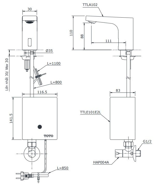 Bản vẽ vòi lavabo cảm ứng Toto TTLA102_TTLE101E2L_HAP004A