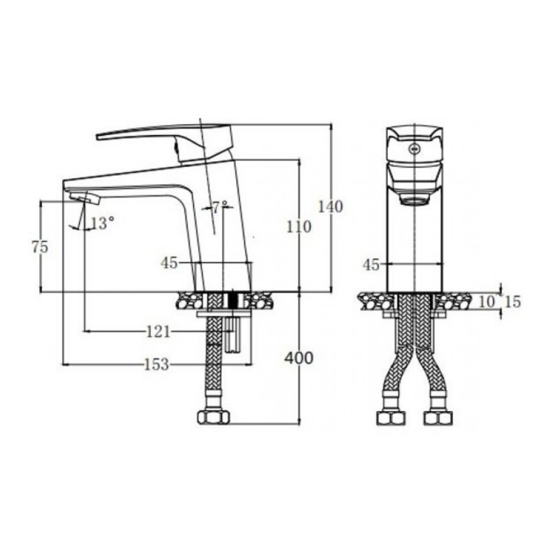 Bản vẽ kỹ thuật vòi lavabo nóng lạnh CAESAR bộ xả nhấn B390CBU