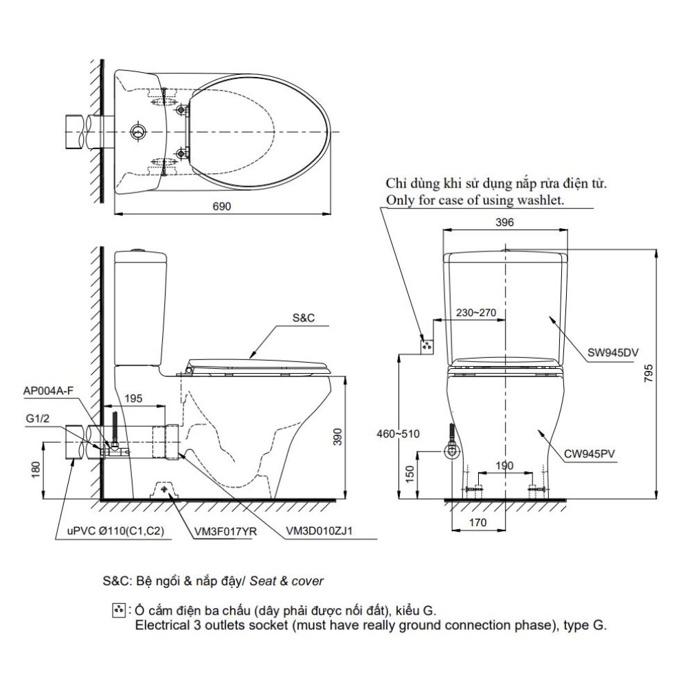 Bản vẽ kỹ thuật của bồn cầu 2 TOTO CS945PDW11 nắp điện tử TCF4911Z thoát ngang