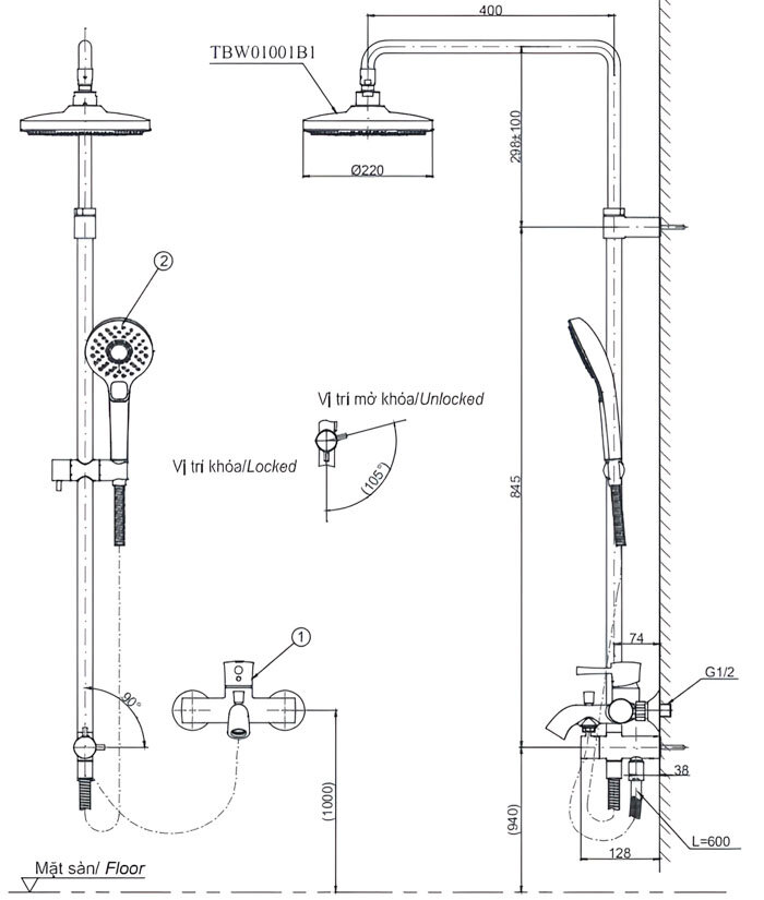 Bản vẽ kỹ thuật thân vòi sen cây tắm đứng TOTO TBW01001B1