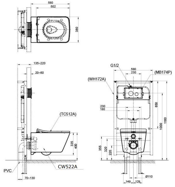 Bồn cầu treo tường nắp đóng êm TOTO CW522A/TC512A