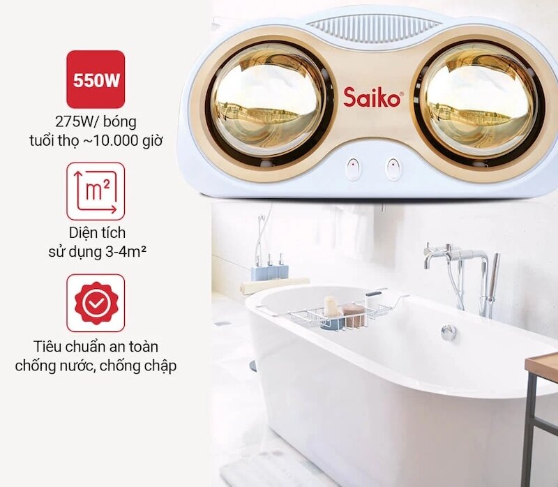 Những ưu điểm vượt trội của đèn sưởi nhà tắm Saiko 2 bóng BH-2552H 550W (Ảnh: saiko).