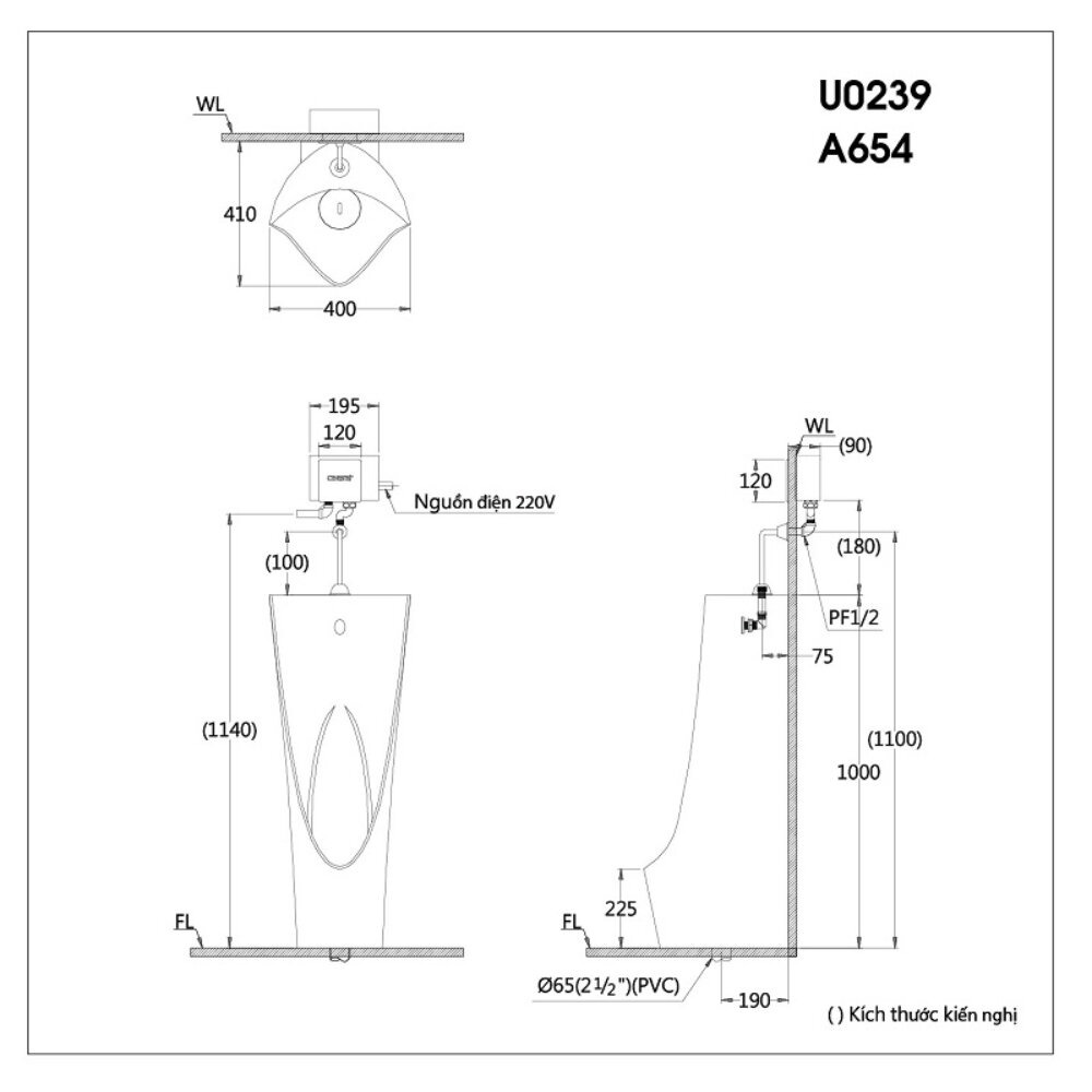Bản vẽ kỹ thuật của bồn tiểu nam đặt sàn kèm van xả cảm ứng Caesar U0239+A654
