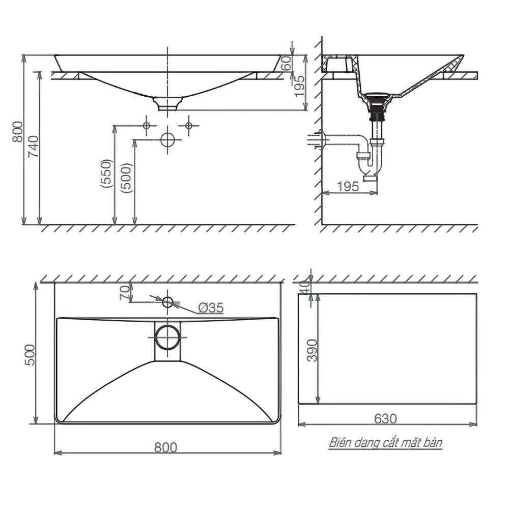 Bản vẽ kỹ thuật của chậu lavabo dương vành Viglacera Platinum P.22.680