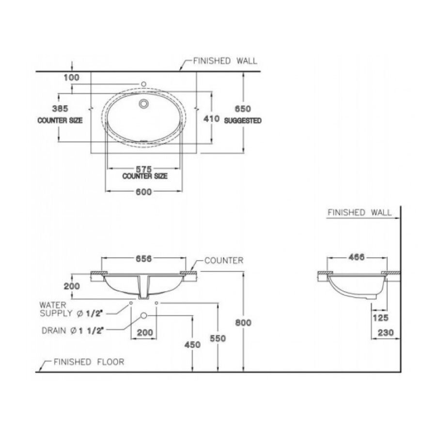Bản vẽ kỹ thuật chậu rửa lavabo COTTO âm bàn C0171