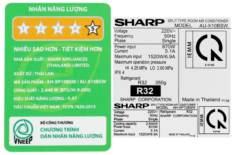 Điều hòa Sharp Inverter 9000 BTU 1 chiều AH-XP10BSW nhãn năng lượng