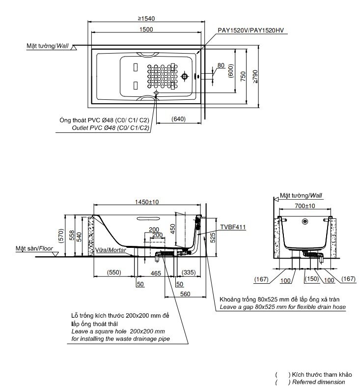 Bản vẽ kỹ thuật bồn tắm TOTO PAY1520V