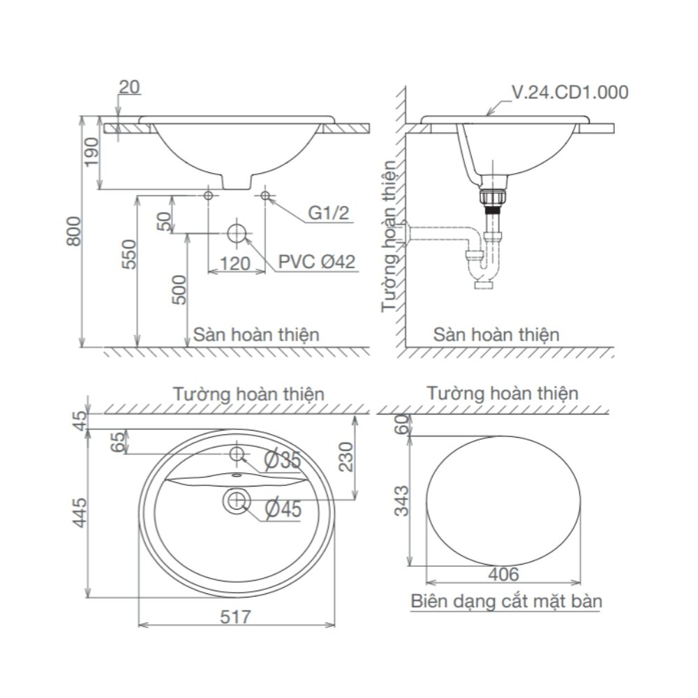 Bản vẽ kỹ thuật chậu lavabo dương vành Viglacera CD1