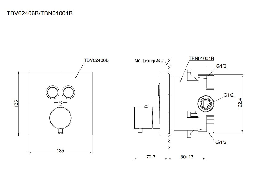 Bản vẽ kỹ thuật van nhiệt độ và chuyển hướng TOTO TBV02406B+TBN01001B