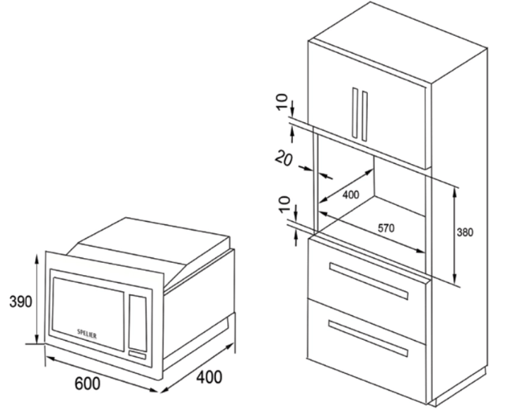 Kích thước lắp đặt lò vi sóng Spelier SP 8206EU