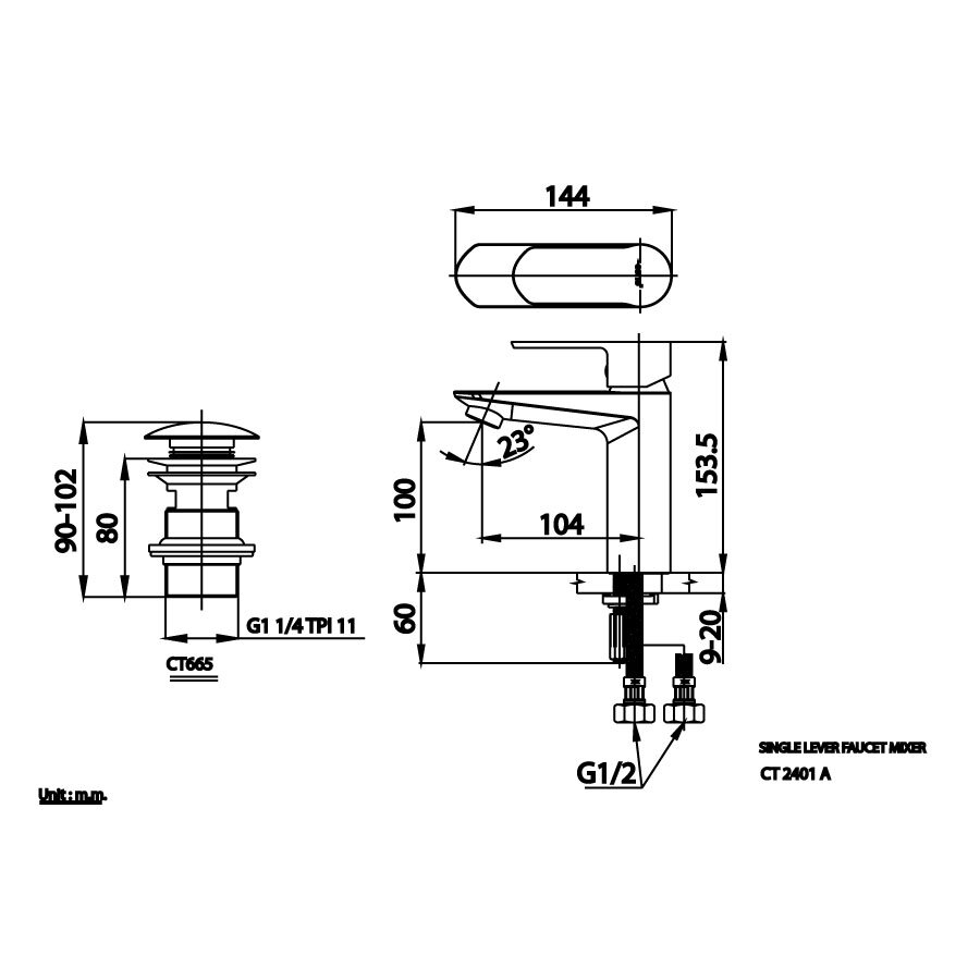 Bản vẽ kỹ thuật vòi lavabo nóng lạnh COTTO CT2401A