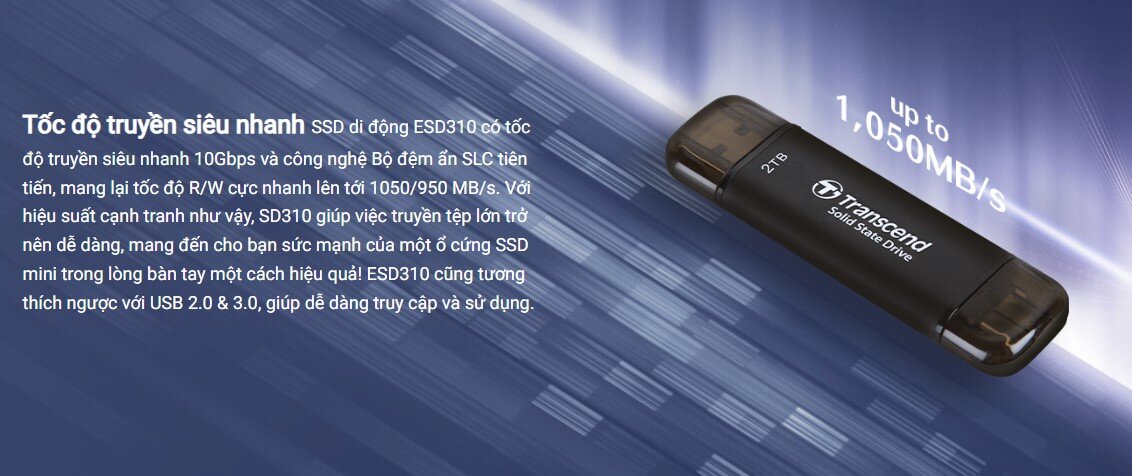 Ổ cứng di động Portable SSD 2TB Transcend ESD310C USB 3.2 Gen 2x1 Đen