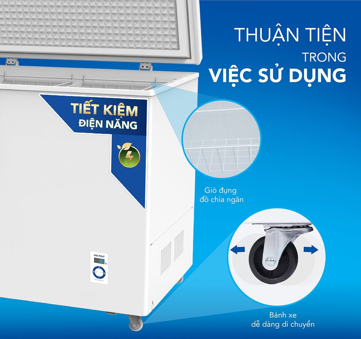 Tủ đông Hòa Phát có 6 bánh xe Tủ đông Hòa Phát